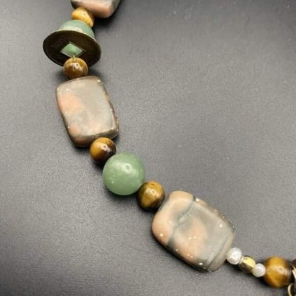 Rainforest Jasper Aventurine Tiger Eye Bead Necklace 22" Elephant Coin 66g Boho - Picture 7 of 10